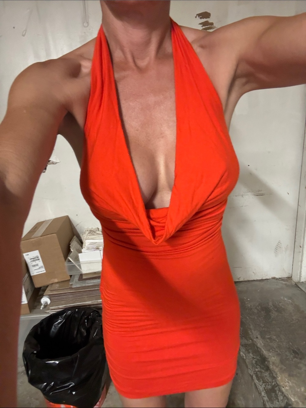 Plunging Halter Mini Dress in Bright Orange